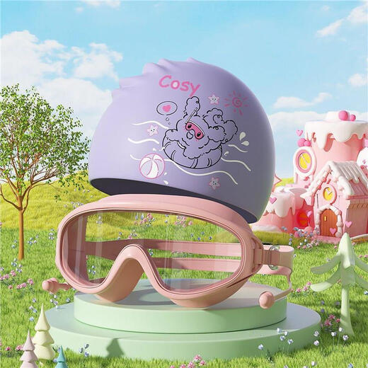 JCZS德国品牌硅胶泳帽女款长发加大头围成人可爱高颜值防水护耳游泳帽 紫色线条狗+粉色泳镜