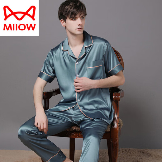 猫人（MiiOW）真丝睡衣男士2025年新款夏季薄款短袖长裤丝绸感大码套装 绿色 6223 2XL (160-180斤)
