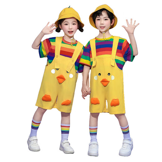 G.DUCKKIDS Little Yellow Duck Children's Clothing Class Uniforms for Primary School Students Summer Thin Overalls Kindergarten Uniforms Children's Day Performance Costumes Rainbow Tube Socks (Not shipped if purchased individually) 100 Recommended 90-100cm 3-4 years old