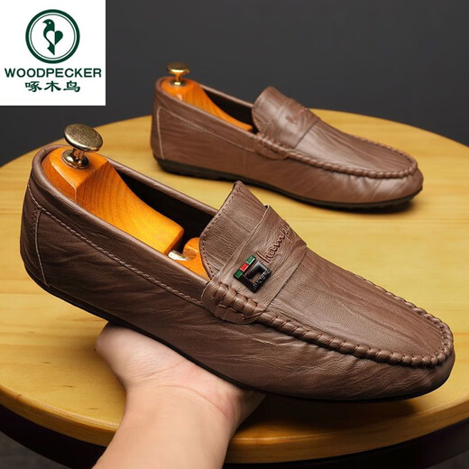 Woodpecker Beanie Shoes Men's Spring and Autumn New Men's Shoes Korean versatile Men's Casual Leather Shoes One-Part Driving Lazy Shoes 825 White 39