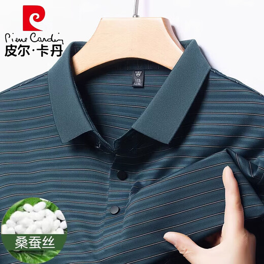 皮尔卡丹（pierre cardin）夏季中年男士桑蚕丝短袖t恤翻领条纹爸爸装体恤polo衫 H9866灰色 M 165 推荐90-120斤