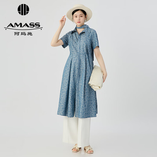 阿玛施（AMASS）女装2025夏季新款时尚青花瓷短袖连衣裙（附腰带）550052 青花瓷 M (3)