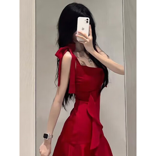 Qu Chen Robe rouge Jobe robe pure robe de toast robe sexy robe d'été suspension jupe rouge haut de gamme