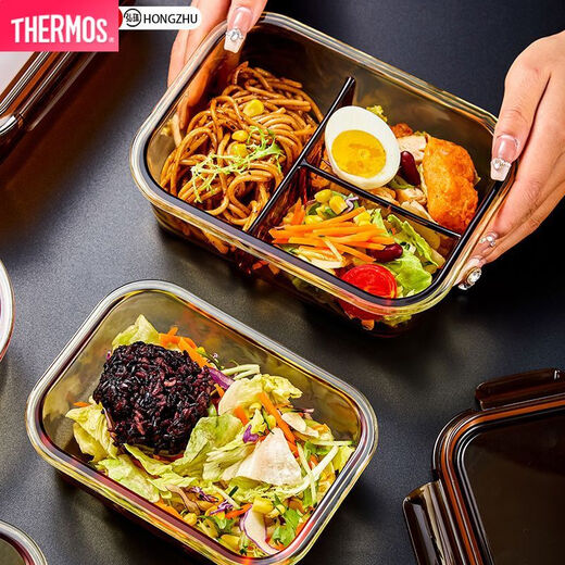 
THERMOS glass lunch box microwave oven heating special bowl office worker brings rice lunch box fruit sealed partition fresh box (with rice set) long three partition 1050ml + insulation