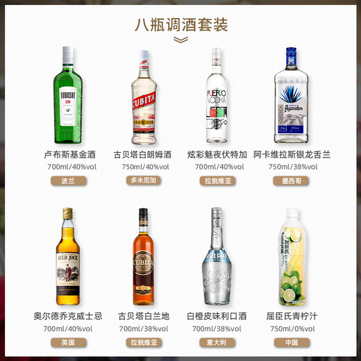 卢布斯基原装进口洋酒自调鸡尾酒套装六大基酒威士忌伏特加朗姆金酒龙舌兰 八瓶套装（不含酒具款）