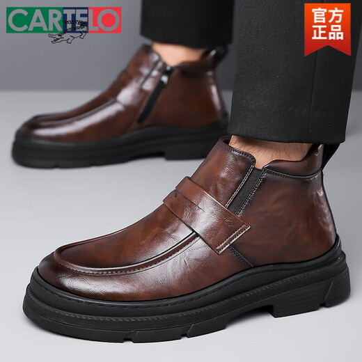 卡帝乐鳄鱼（CARTELO）高帮皮鞋男冬季加绒保暖加厚大头棉鞋男士英伦风商务切尔西皮靴子 9921黑色低帮套脚 38