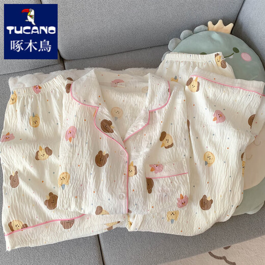 Woodpecker HelloKitty pure cotton gauze pajamas for women in summer short-sleeved 2025 new cute three-piece set home clothing Yunduo Cotton-J9901# Paradise Puppy Three-piece Set M [Suggestion 75-100Jin [Jin equals 0.5 kg]]