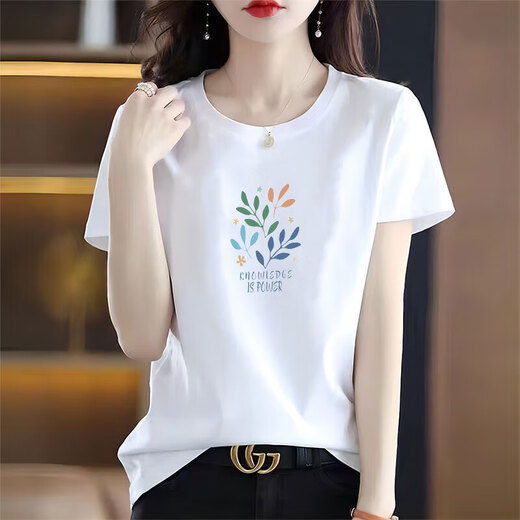 Pure YISHION brand withdrawal pure cotton white short-sleeved T-shirt women's loose printed T-shirt summer top 6193 leather powder short-sleeved M (recommended 80-105 Jin [Jin equals 0.5 kg])