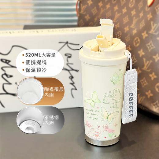 Tuojin Deutschland importierten Qualitätsbutterfly Thermos Cup neue hochwertige tragbare Strohwagen-Kaffee Antique White-BXAB6198 Schmetterling Keramik Innendeckel
