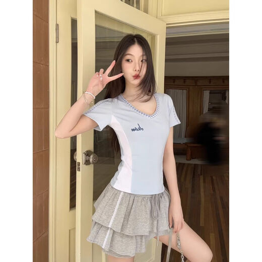 美式辣妹正肩v领拼接短袖t恤女夏季设计感大领口独特收腰显瘦上衣 1048薄荷绿拼白色 S 【建议80-90斤】