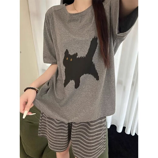 趣依瑶线条小狗短袖睡衣女夏加肥加大码少女可爱卡通圆领家居服套装便宜 693黑笑脸【单套】 M 码建议【7095斤】