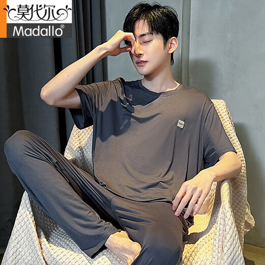Modal men's pajamas spring and summer thin short-sleeved trousers suit spring and summer teenagers large size home clothes can be worn outside LS2679 short long 5XL male recommendation 200-220Jin Jin equals 0.5 kg