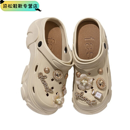 Luozhichao hole shoes for women in summer, wearing outside, she is wearing a thick-soled anti-slip beach bag-toe sandals, summer, white letters, diamond flowers, 36 3735/36 foot shot