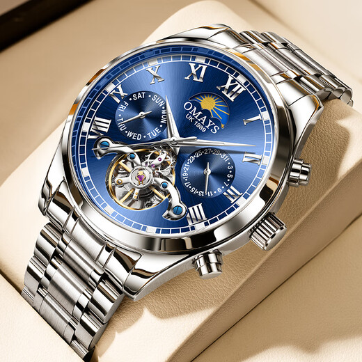 European and American watches men's mechanical watch Swiss certified fully automatic hollow flywheel men's watch waterproof luminous multi-function watch natural blue face - famous craftsman