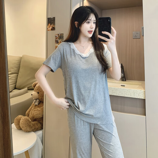 可外穿短袖睡衣女夏季甜美性感蕾丝花边莫代尔棉带胸垫套装家居服 1278黑色 XL 120-150斤