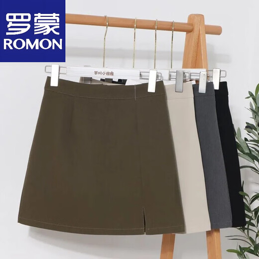 罗蒙（ROMON）2025学院风设计感下摆开叉半身裙高腰包臀A字短裙防走光西装裙子 黑色 S 80-90斤