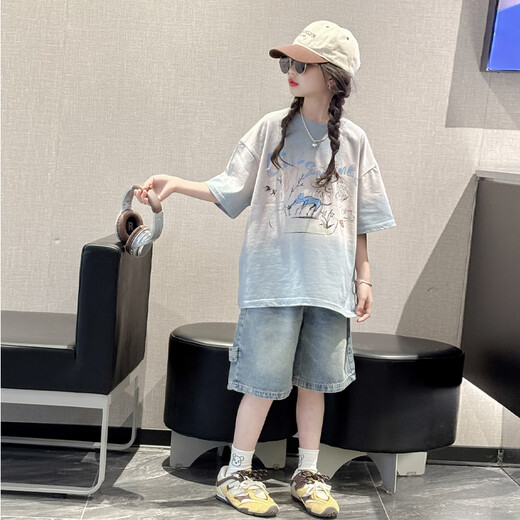 MOKITOUL girls summer short-sleeved suit for girls, young children, summer casual T-shirt, shorts, children's summer denim mid-trousers two-piece set Pink T-(high-end gift box packaging) 120 cm