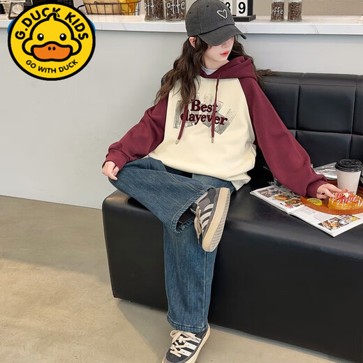 G. DUCKKIDS女童春装卫衣2025新款洋气套装儿童时髦字母上衣女孩春秋牛仔裤潮 黑色【W591字母帽衫】 cm 120