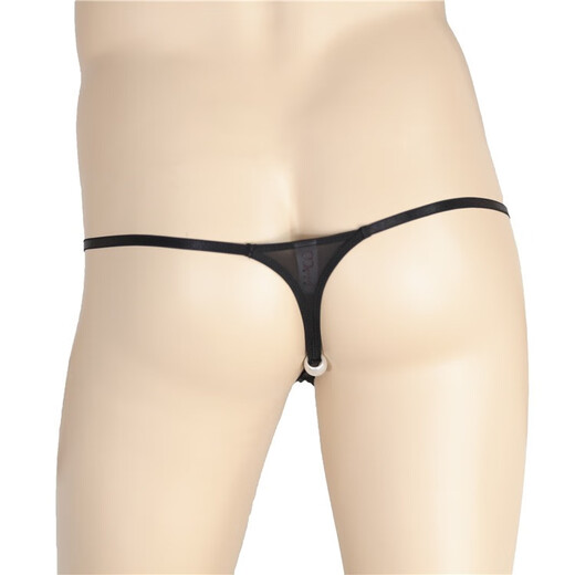 Men's ice silk thong one-line translucent back court pearl stimulation low-waist sexy tight adult erotic underwear black L (suitable for 175CM within 140Jin Jin is equal to 0.5kg inner body)