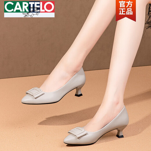 CARTELO stewardess long-term work shoes soft sole genuine leather comfortable 2025 spring and summer middle-aged women's leather shoes mother shoes single shoes L-9906 light gray single shoes (heel height 3.5cm) 38