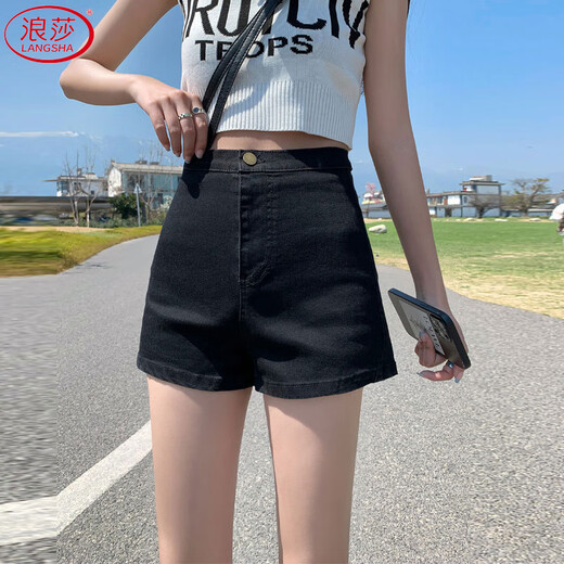Langsha black denim shorts for women summer 2025 new high waist slim ins hot girl style outer wear elastic hot pants