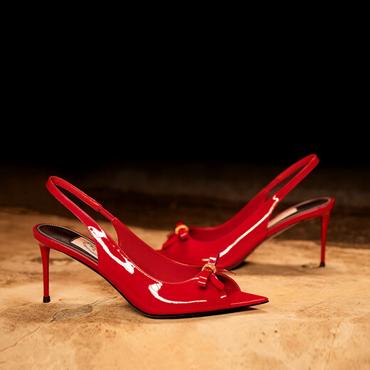 Only girl [Butterfly] 2025 summer new style fish mouth high heels cow patent leather temperament bow strap sandals women's thin heels red 7.5cm 34