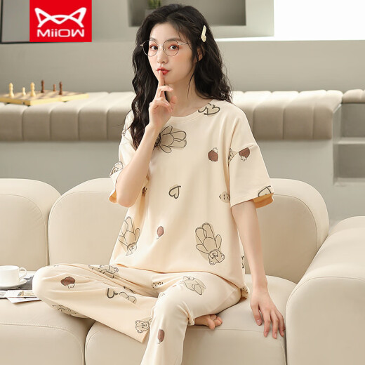 Catman Miiow Pajamas de algodón puro para mujeres en primavera y verano Pantalones de manga corta Celebración de estilo coreano suelto ropa de casa para el uso de otoño T-9717 M (80-jin [Jin equivale a 0,5 kg])