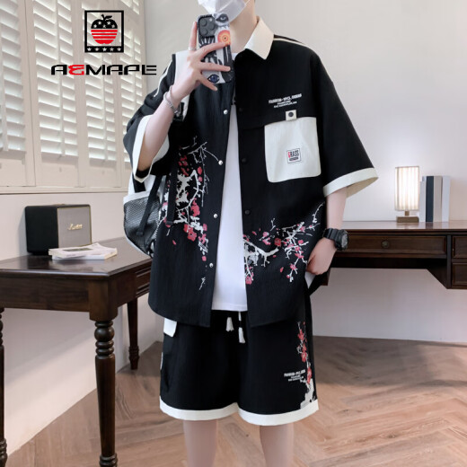 AEMAPE衬衫套装男夏季2025新款工装休闲衬衣男装一套搭配帅气夏天两件套 T719黑色 M