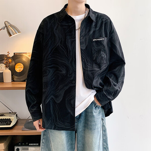 POUM tie-dye high-end long-sleeved shirt men's autumn and winter American casual shirt jacket G806 interstellar black 3XL