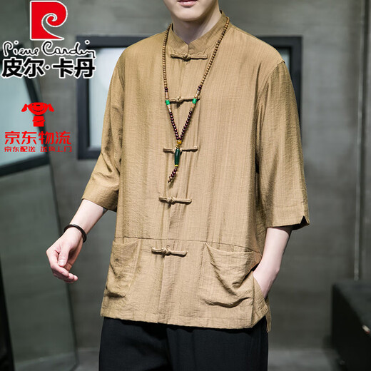 皮尔卡丹（pierre cardin）中国风冰丝七分袖衬衫男装汉服夏季垂感短袖衬衣宽松大码盘扣唐装 Y677黄色 2XL