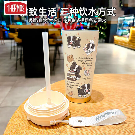Thermos Happy Puppy Thermos (Thermos) Estudiante de acero inoxidable Café especial Café de café nuevo Copa de agua para hombres y mujeres DX1047 Bow Ink Cat + Lanyard Ceramic Inner Inner