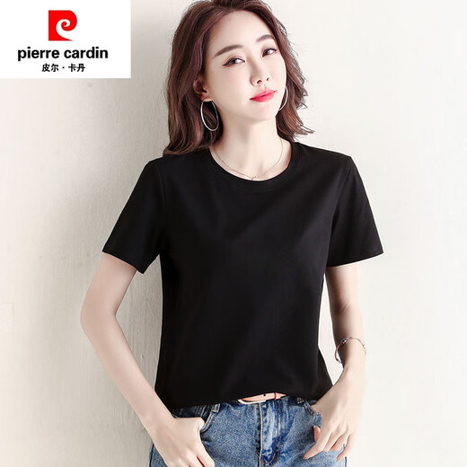 Pierre Cardin Pure Cotton Kurzärärmelte-T-Shirt für Frauen lose und vielseitige, feste Farbe Runde Hals Black Basis T-Shirt T-Shirt Top 6172 Schwarzer Kurzärärmel-M (Empfohlen 80-105 Jin [Jin Equals Equales 0,5 kg])
