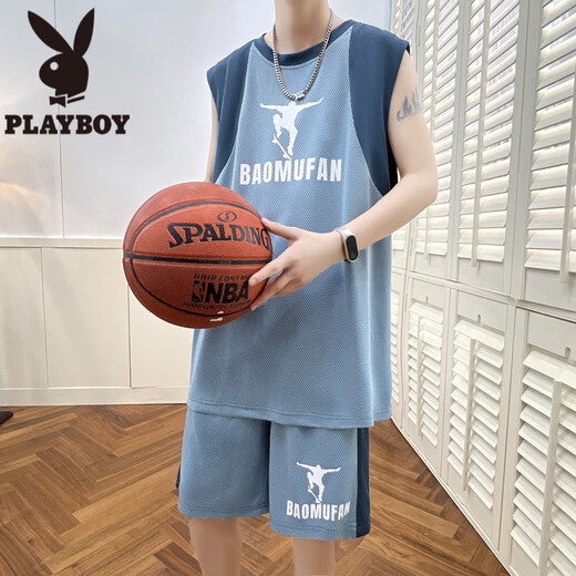花花公子（PLAYBOY）冰丝无袖t恤男孩12-15岁青少年学生速干篮球服13大童背心运动套装 6636深灰(背心+短裤) 品质保证 3XL 160-180斤左右