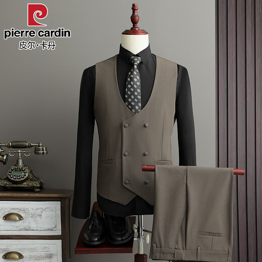 Pierre Cardin high-end double-breasted suit suit for men, groom, wedding, business casual, spring and autumn new formal suit top, brown (suit + trousers + vest) with free tie XL (suitable for 126-140 Jin Jin equals 0.5 kg)