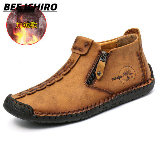 BEE ICHIRO男士马丁靴真皮软底防滑高帮工装靴透气耐磨军靴百搭休闲鞋子男鞋 6625黄棕加绒 47