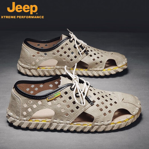 Jeep (Jeep) Sandalen Herren Sommer 2025 Neue echte Leder-Männer Vietnamesische Baotou-Pantoffeln Sommer Fahren weiche Ledersandalen 12033 Black Hongyun 39