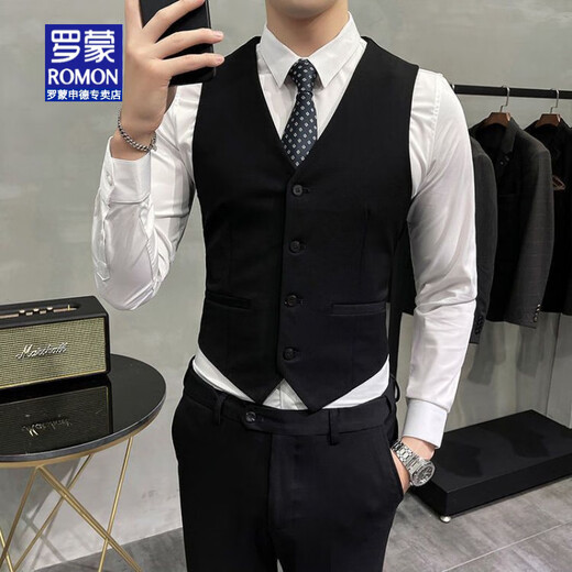 罗蒙（ROMON）西装马甲坎肩韩版修身西服马甲套装背心伴郎团兄弟装男式西服马夹 1908黑色《马甲＋西裤》领带 XL 126-135斤