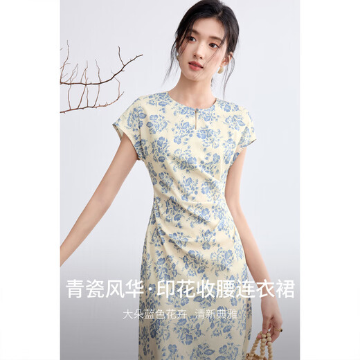 Vestido de cuello redondo de altura corta estampada de estilo azul y blanco de estilo azul y blanco impreso para mujeres en la cintura de verano y falda de falda de línea A-line-longitud