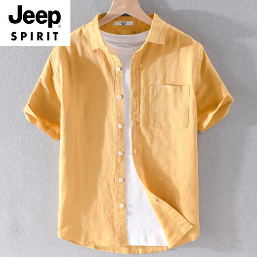 JEEP SPIRIT men's cotton linen lapel short-sleeved T-shirt loose shirt collar tops with neckline T-shirt linen summer clothes yunyi-9711 blue dark color. M