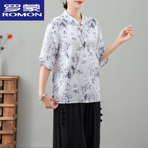 罗蒙（ROMON）纯棉中式夏装时尚洋气2025新款气质中老夏季国风T恤小衫上衣短袖 花色 1号色 Q24-10 款  上衣 XL 建议90-115斤