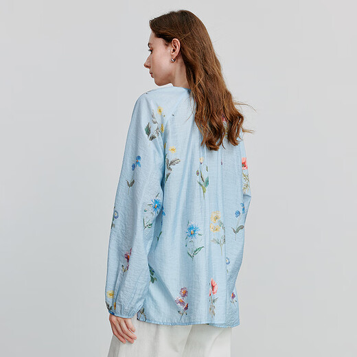 Chuyu Small Fresh Linen Printed Shirt Women's 2025 Spring New Loose Shirt Top Blue Bottom Green Velvet XL