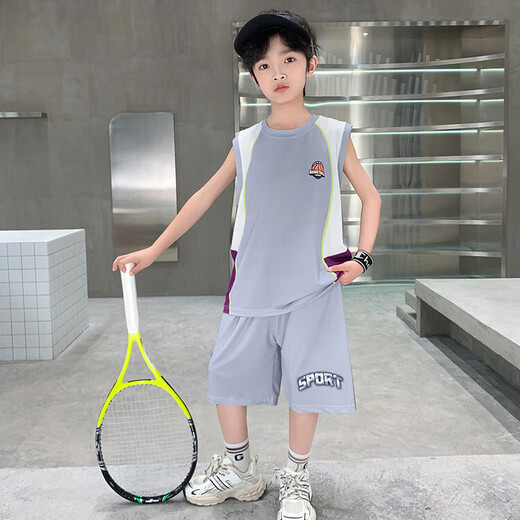 Niños Summer Seda Seda de color secado rápido Uniforme de baloncesto sin mangas 2025 Nuevo chaleco delgado de los niños pantalones cortos de chalecos delgados de los niños Traje gris (Top + pantalones sin mangas) 160 (recomendado dentro de 150)