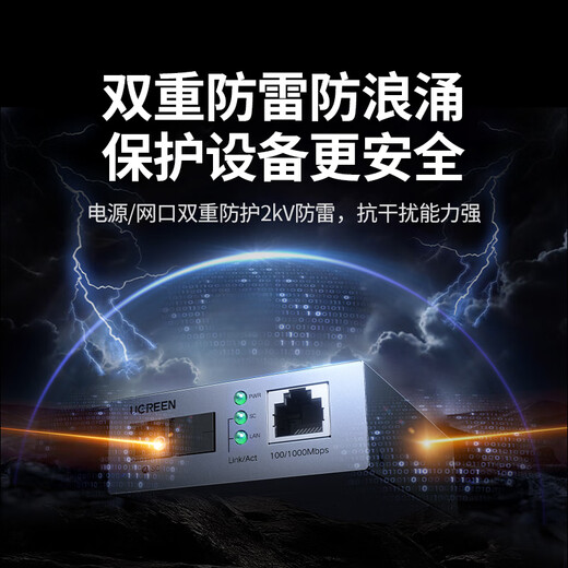 绿联千兆单模单纤光纤收发器 防雷防浪涌 光电转换器 电信级网络监控SC接口自适应3KM 一对装 65665