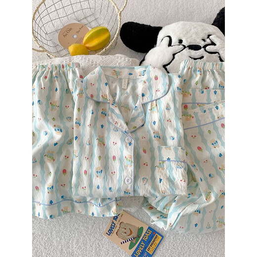 莫代尔三件套樱桃小熊睡衣女夏季短袖可爱卡通宽松云朵棉夏天家居服套装 JS-9905#黑爱心 三件套-云感棉 M 码 155-162 体重100斤内