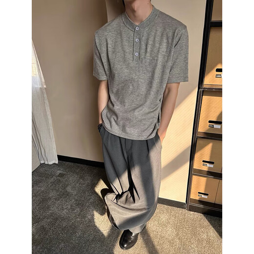 Fumile American Retro Genry Neck Forteced Fot Fot Fort Men's Men's Summer Thin Old Money Style Polo Рубашка Cleanfit Тенди бренд с половиной легкой серой. Рекомендуется 120JIN [JIN равен 0,5 кг] до 140JIN [JIN равен 0,5 кг]