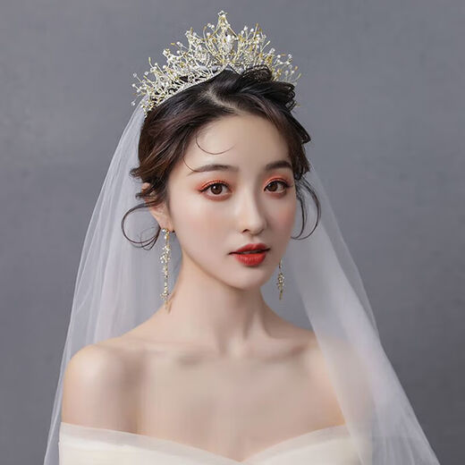 Liwo (Liwo) Old Phoenix Gold Store Bride Grand Crown Forest Super Fair Ressor trois pièces NOUVEAUX accessoires de mariage anniversaire HG050 + 08 Collier + Long Brotte d'oreille Light Light Gold Belt