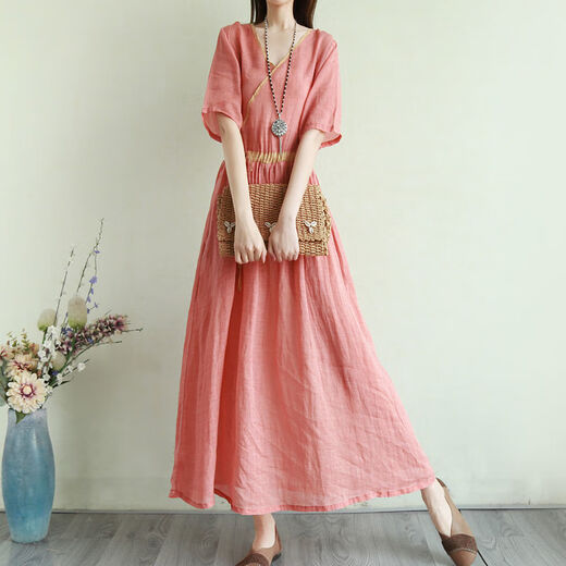 Hengyuanxiang retro literary solid color splicing dress for women 2025 summer large size loose slim lace waist long skirt Green XL [130-145Jin[Jin equals 0.5 kg]]
