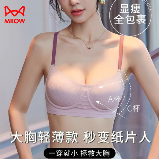 猫人内衣女士薄杯大胸显小胸聚拢收副乳上托防下垂无钢圈软支撑文胸罩 粉色 70A 32/70(建议B)