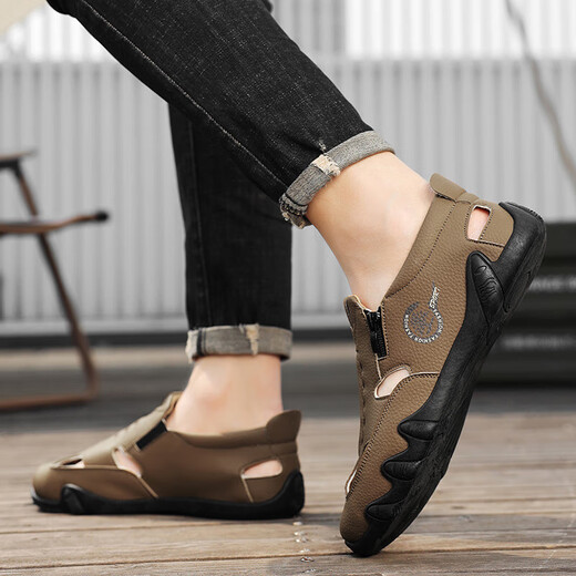 Men's sandals summer popular slippers beach shoes outdoor sports style wear-resistant large size breathable lazy men's shoes (JL) AS9909 brown 41