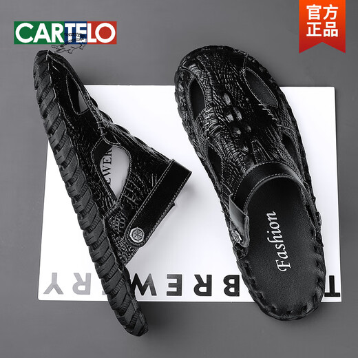 
CARTELO 2025 summer genuine leather men's bag-toe soft-soled sandals for outdoor wear driving beach business high-end casual sandals M9855 black waterproof and non-slip 38